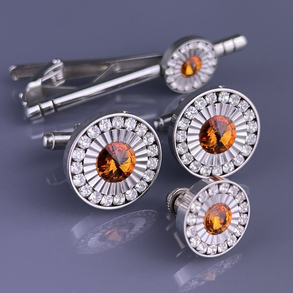 Orange White Rhinestone Cufflinks Tie Clip Pin Silver Tone Rays Lines Flashy VTG